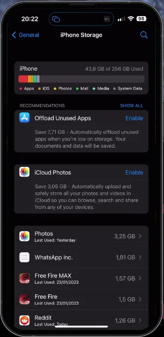 iphone storage settings
