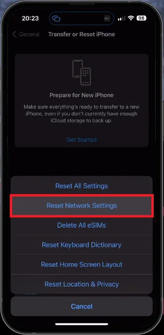 reset the network settings on iphone