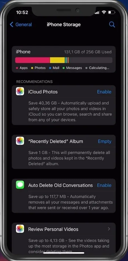 iPhone Settings > General > iPhone Storage