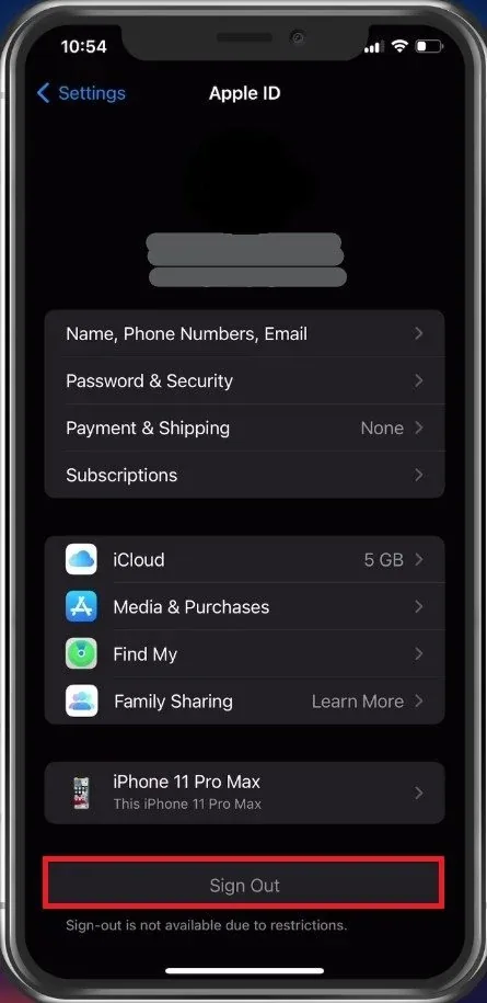iPhone Settings > Apple ID > Sign Out