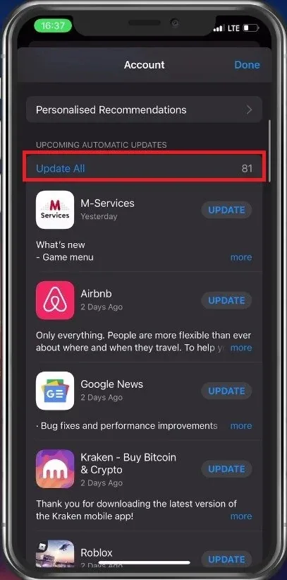 App Store > Update