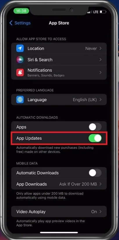 iPhone Settings > App Store > App Updates