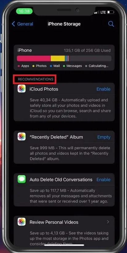 iPhone Settings > General > iPhone Storage