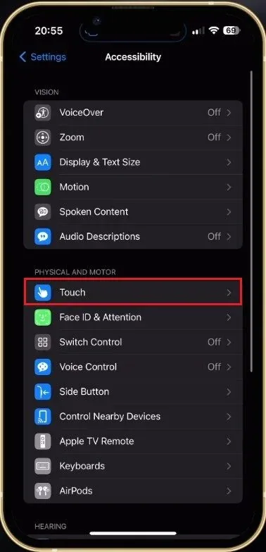 iPhone Settings > Accessibility > Touch