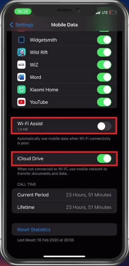 Mobile Data > Wi-Fi Assist & iCloud Drive
