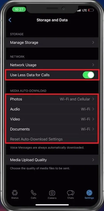 WhatsApp Settings > Storage & Data > Use Less Data for Calls