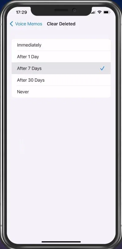 iPhone Settings > Voice Memos > Clear Deleted