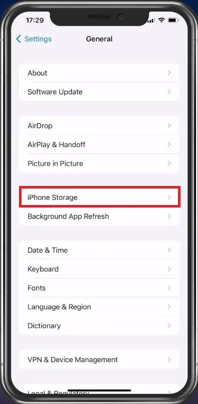 iPhone Settings > General > iPhone Storage