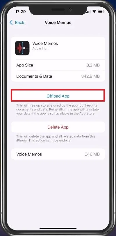 Storage Settings > Voice Memos > Offload App
