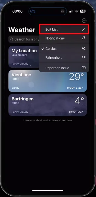edit weather locations list