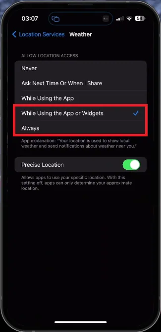 change weather app location services settings