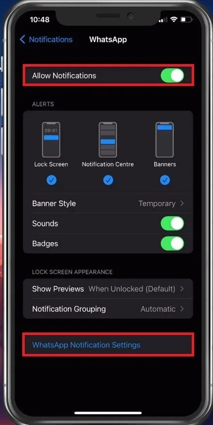 iPhone Settings > Notifications > WhatsApp