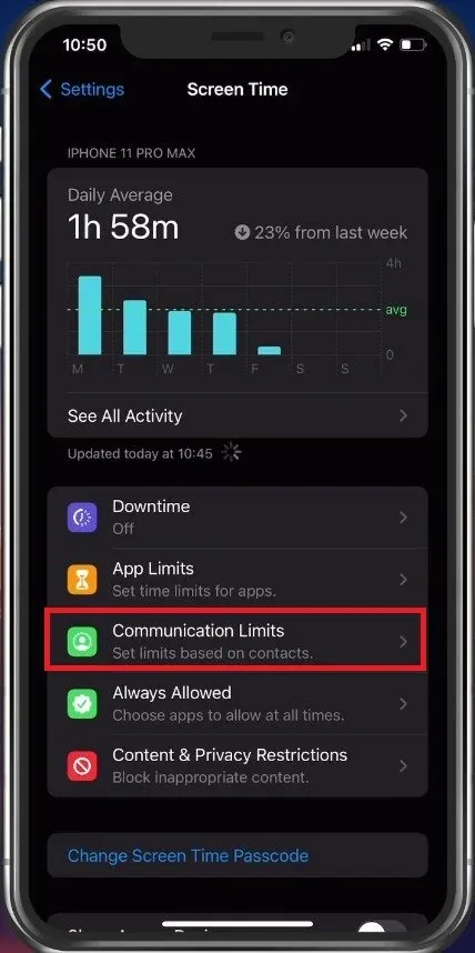 iPhone Settings > Screen Time > Communication Limits