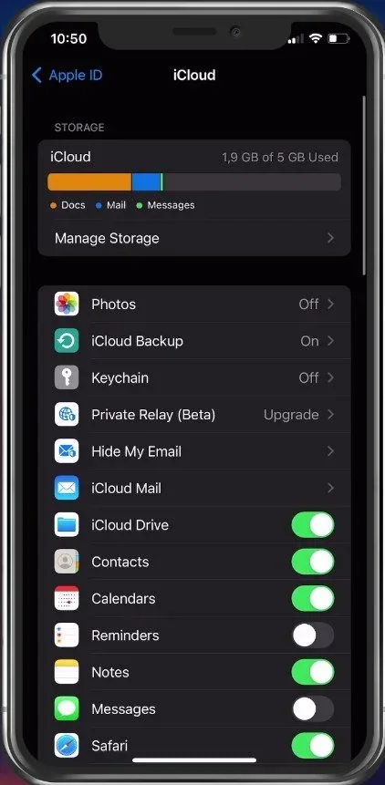 iPhone Settings > Apple ID > iCloud