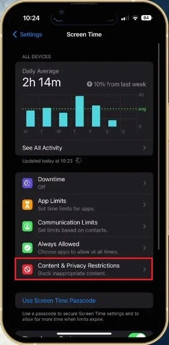 iPhone Settings > Screen Time > Content & Privacy Restrictions