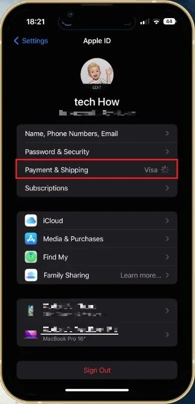 iPhone Settings > Apple ID > Payment & Shipping