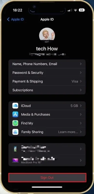 iPhone Settings > Apple ID > Sign Out
