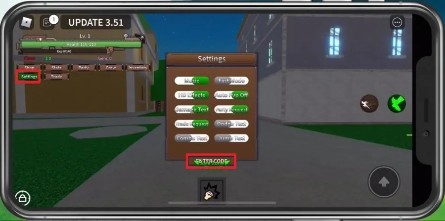 Enter King Legacy Code on Mobile