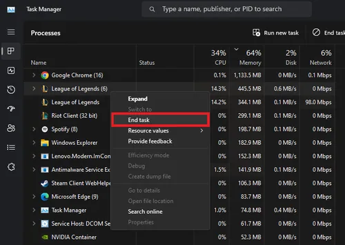 end league of legends process