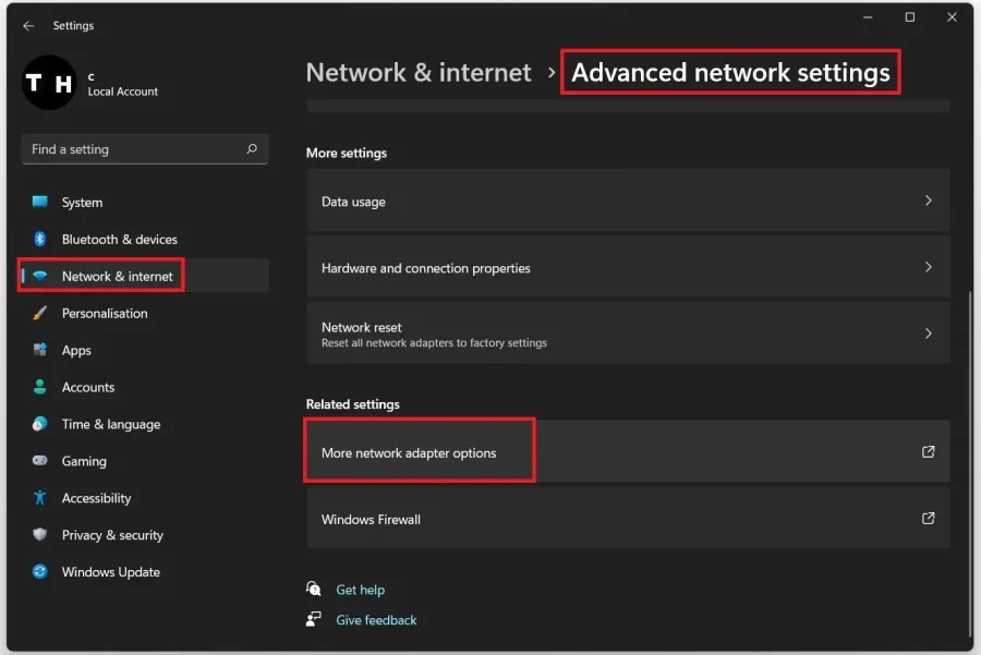 Windows Settings > Network & Internet > More Network Adapter Options
