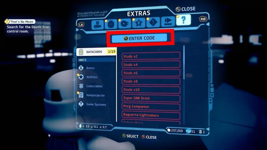 In-Game Settings > Datacards > Enter Code