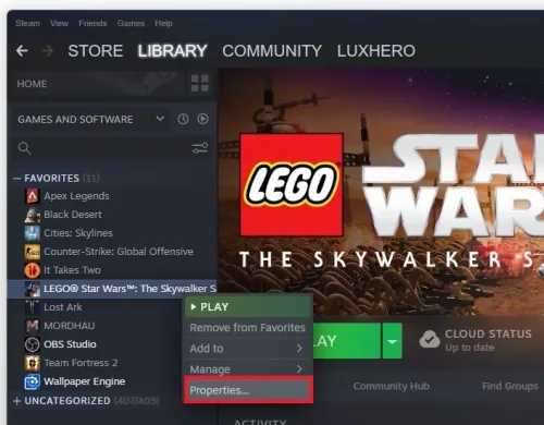 Steam library > LEGO Star Wars > Properties