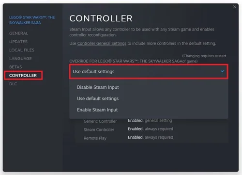 LEGO Star Wars Properties > Controller > Use Default Settings