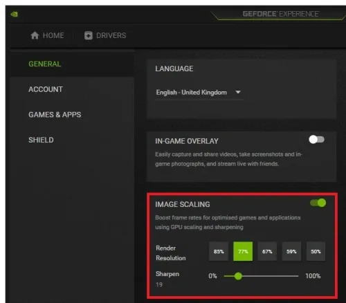 GeForce Experience > General Settings > Image Scaling