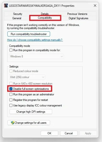 Disable full-screen optimisations