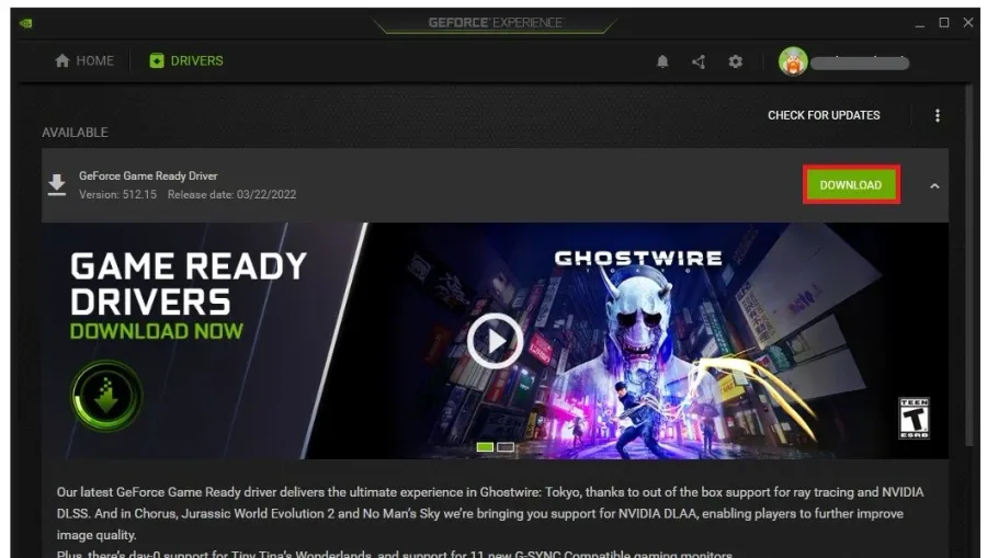 GeForce Experience > Drivers > Download