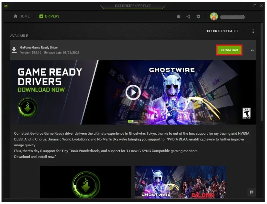 GeForce Experience > Drivers > Download