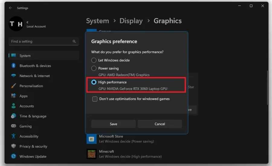 Display Settings > Graphics > Graphics Preference for LEGO Star Wars