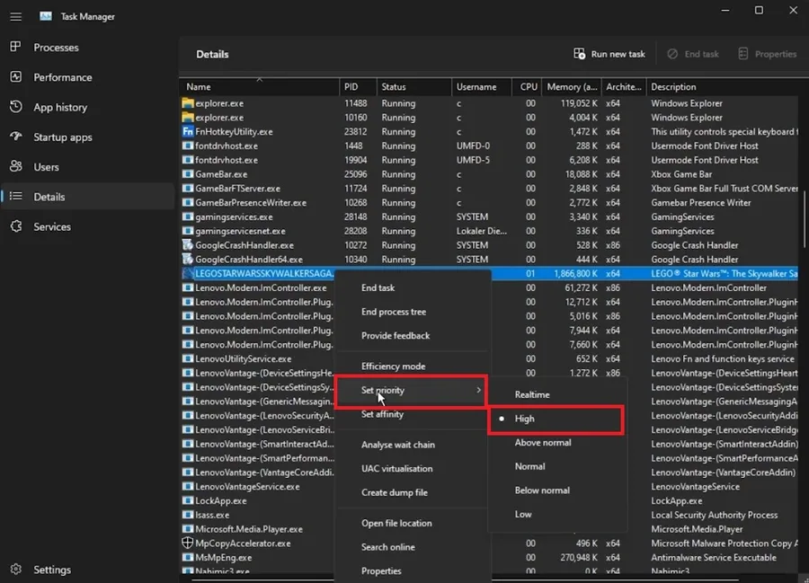 Task Manager > LEGO Star Wars > Details > Set Priority > High
