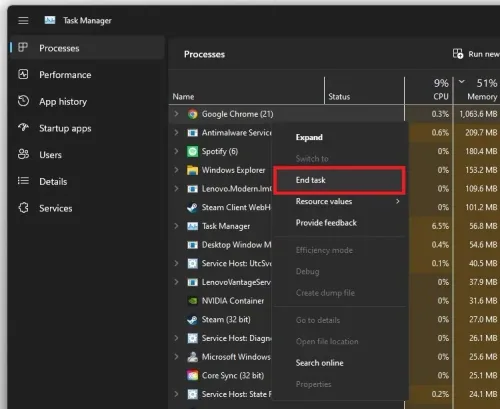 Task Manager > Processes > End Task