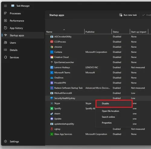 Task Manager > Startup Apps