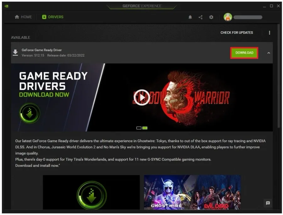 GeForce Experience > Drivers > Download