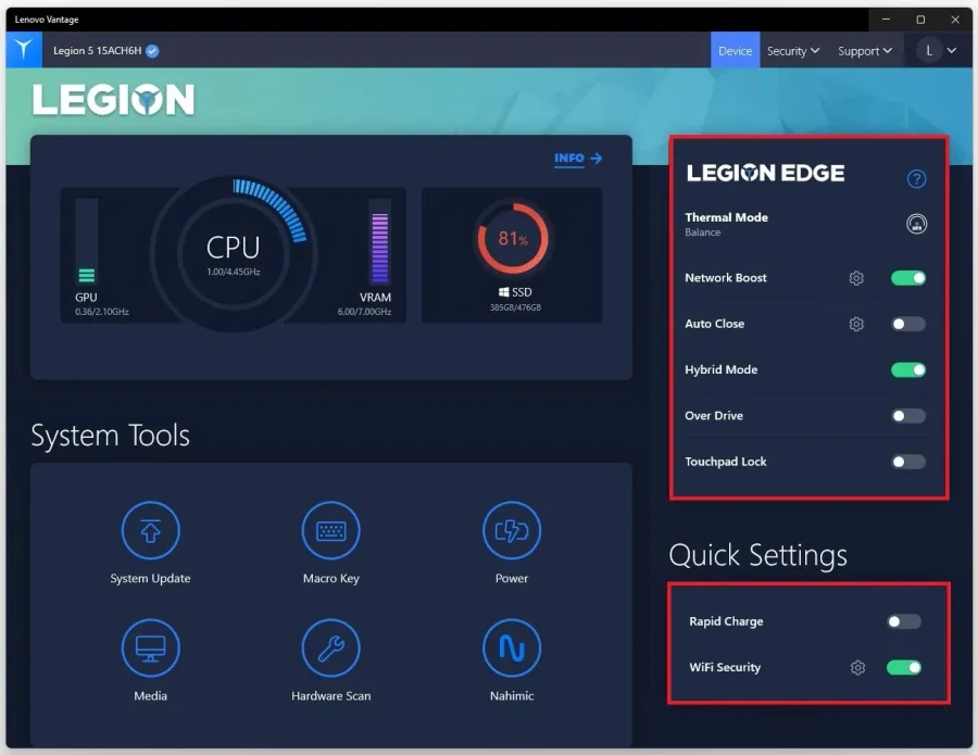 Lenovo Vantage > Network Boost & WiFi Security