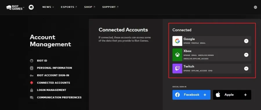 Riot Games Account Management > Connected Accounts