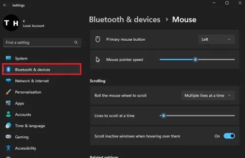 Windows Settings > Bluetooth & Devices > Mouse