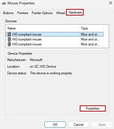 Additional Mouse Settings > Hardware