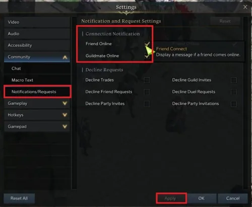 Lost Ark Settings > Community > Notifications/Requests
