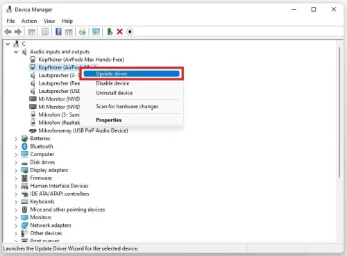 Device Manager > Audio inputs and outputs > Update Driver