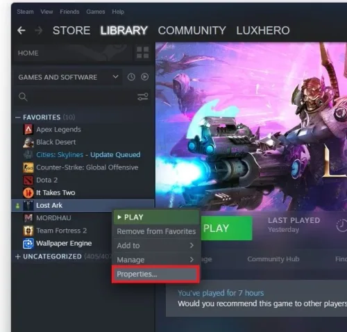 Steam Library > Lost Ark > Properties