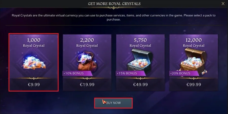 From this page, you can buy 1000 Royal Crystals to cover the price of 800 Crystal…