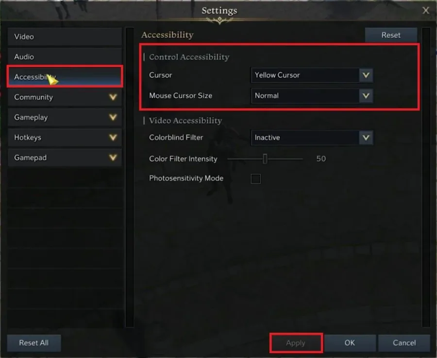 Accessibility Settings > Cursor Color & Size