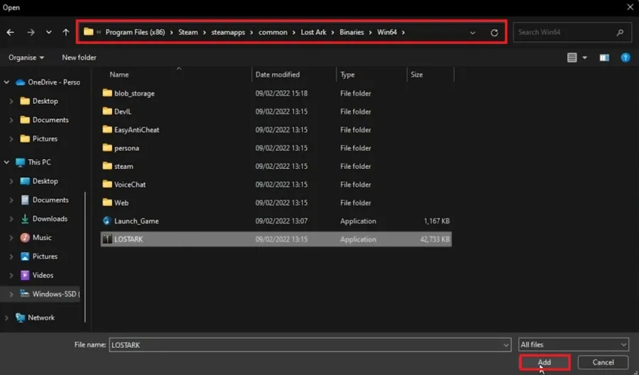 Program Files > Steam > steamapps > common > Lost Ark > Binaries > Win64