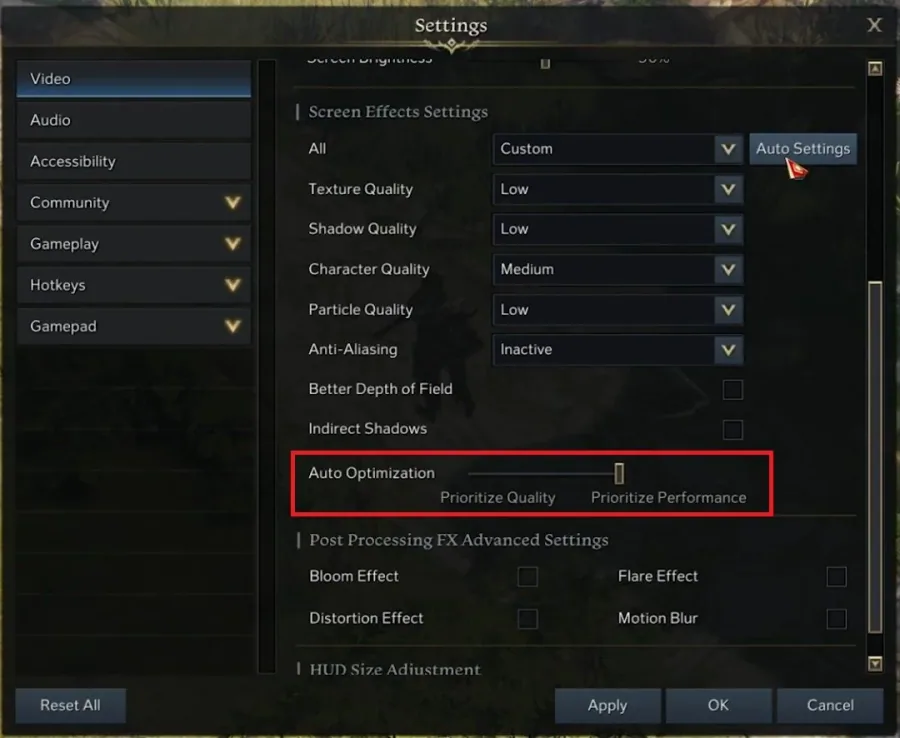 Lost Ark Settings > Video > Auto Optimization