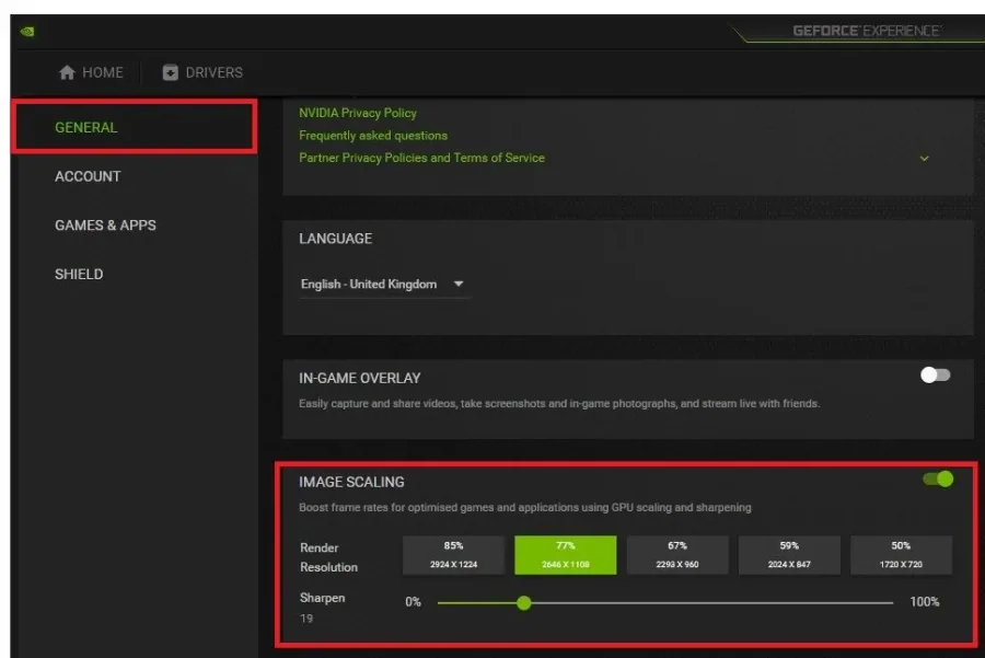 GeForce Experience > General Settings > Image Scaling