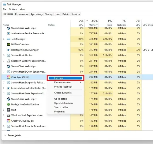 Task Manager > Processes > End Task