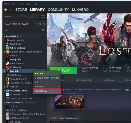 Steam library > Lost Ark > Properties